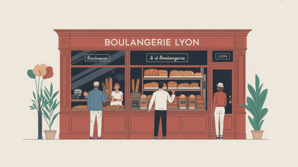 Devanture artisanale boulangerie Lyon avec clients et vitrines