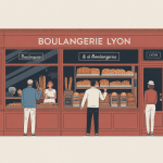 Devanture artisanale boulangerie Lyon avec clients et vitrines