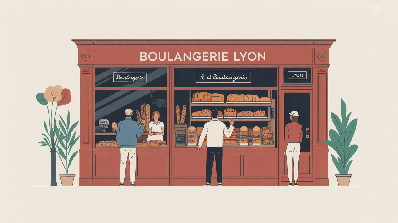 Devanture artisanale boulangerie Lyon avec clients et vitrines