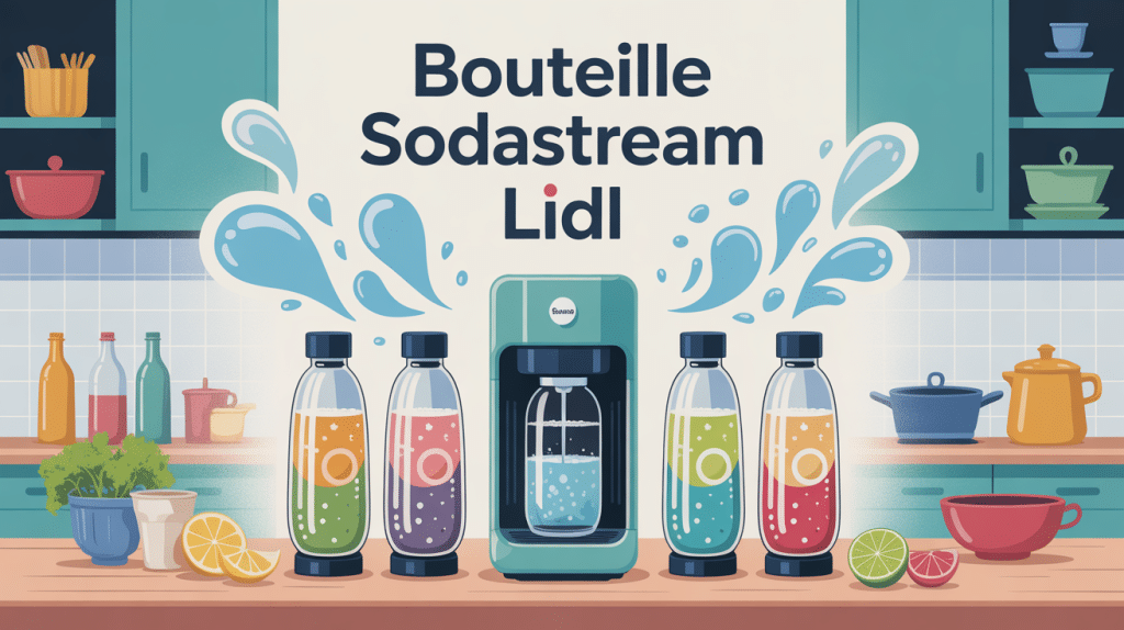 Grande illustration colorée de bouteille sodastream lidl devant machine gazeuse