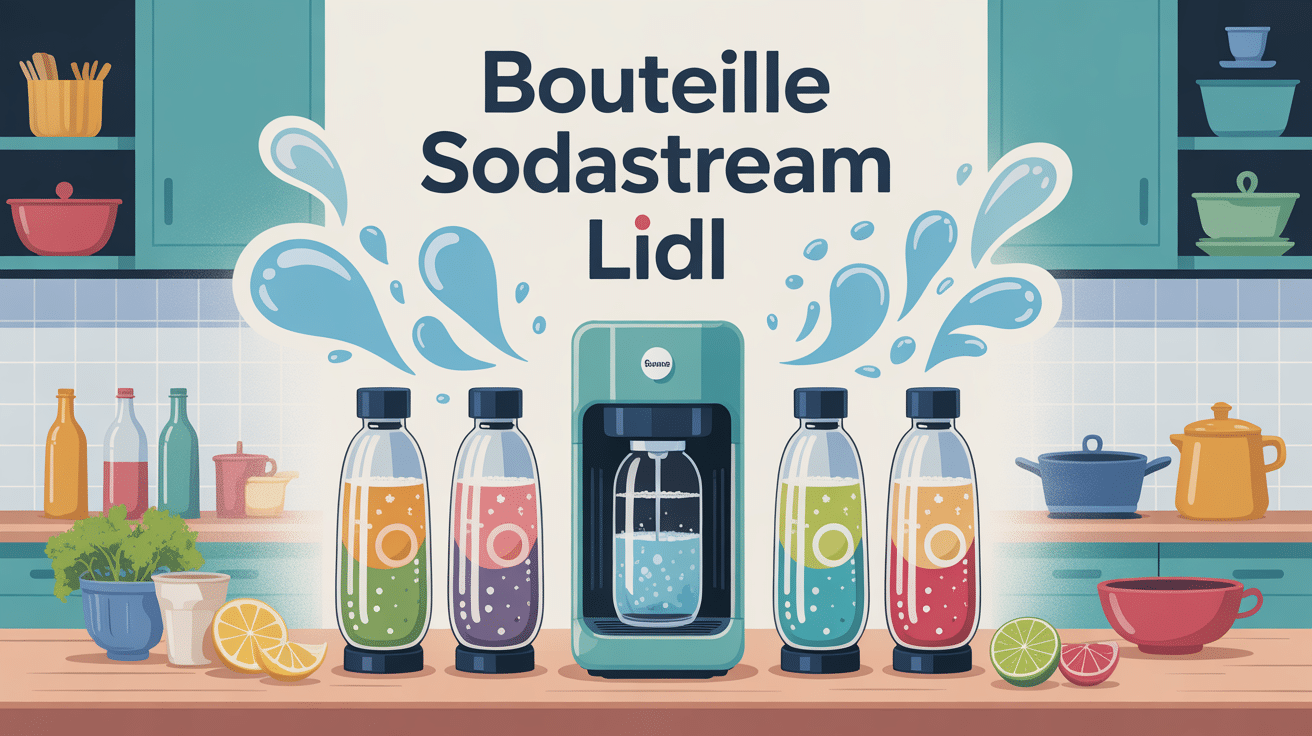 Grande illustration colorée de bouteille sodastream lidl devant machine gazeuse