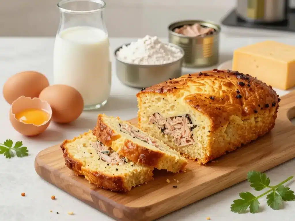 cake au thon moelleux avec ingrédients sur planche