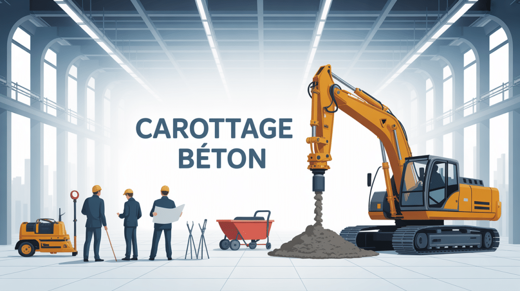 Illustration carottage beton machine, ouvriers et outils