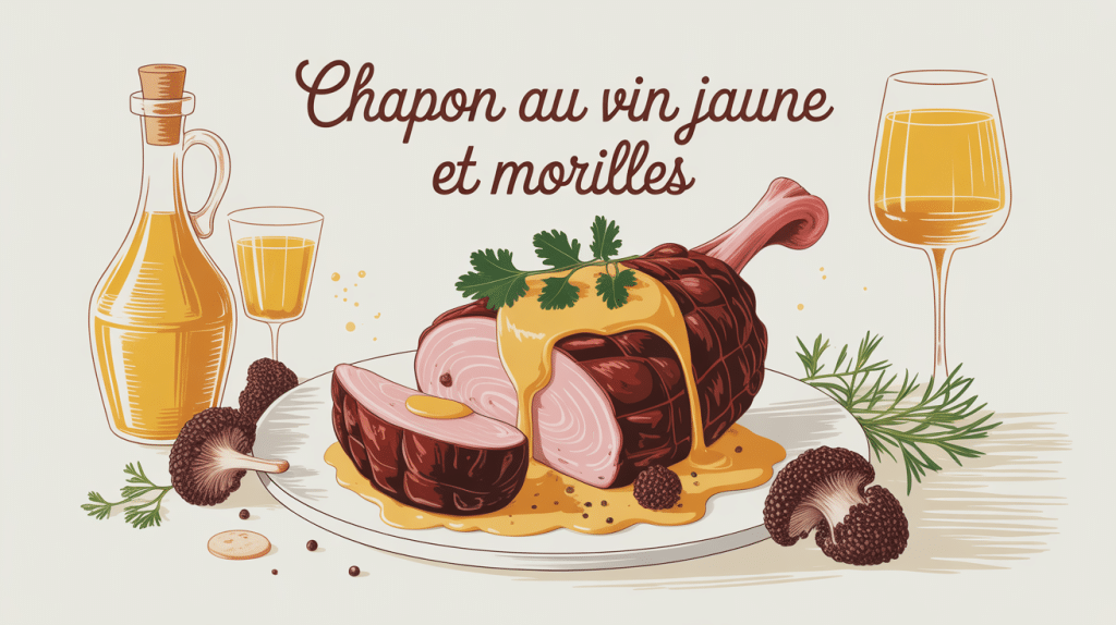 Chapon au vin jaune et morilles Georges Blanc dressé avec sauce et bouteille