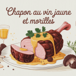 Chapon au vin jaune et morilles Georges Blanc dressé avec sauce et bouteille