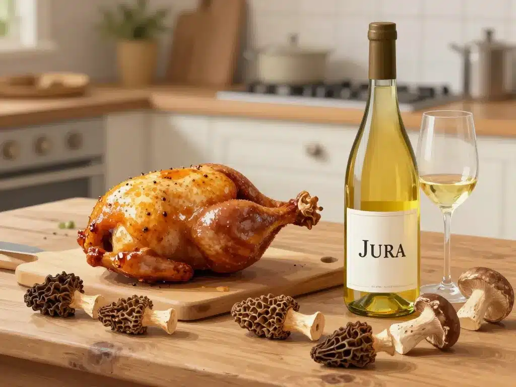 Ingrédients chapon au vin jaune et morilles Georges Blanc sur une table