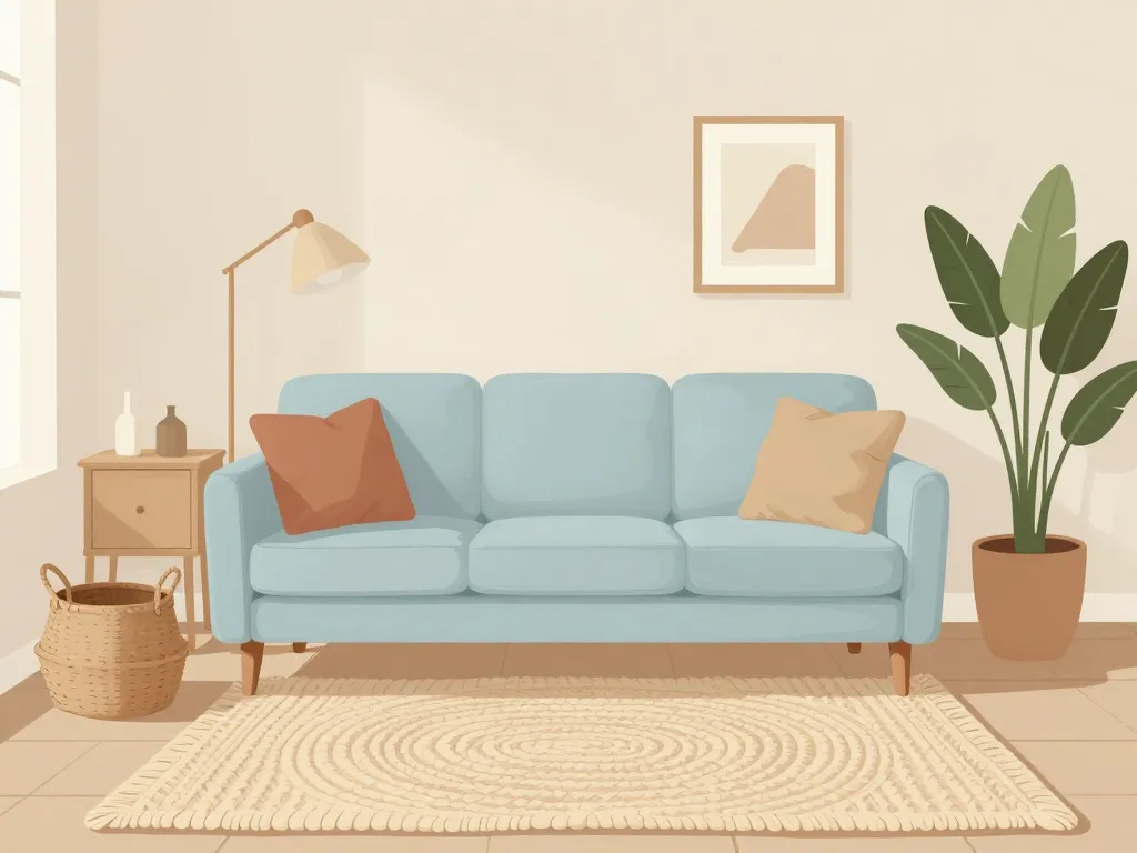 salon harmonieux avec canapé bleu ciel et déco neutre