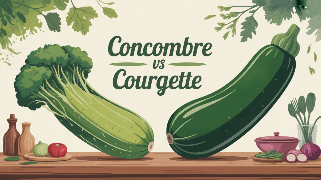Comparatif illustré concombre courgette sur table