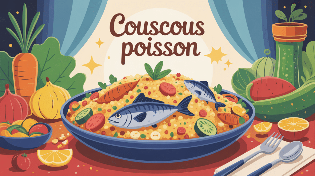 Plat de couscous poisson convivial avec légumes et fruits de mer