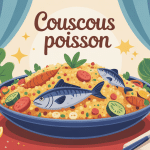 Plat de couscous poisson convivial avec légumes et fruits de mer