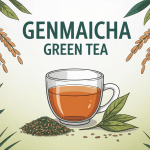 illustration tasse genmaicha green tea avec riz et feuilles ambiance japonaise