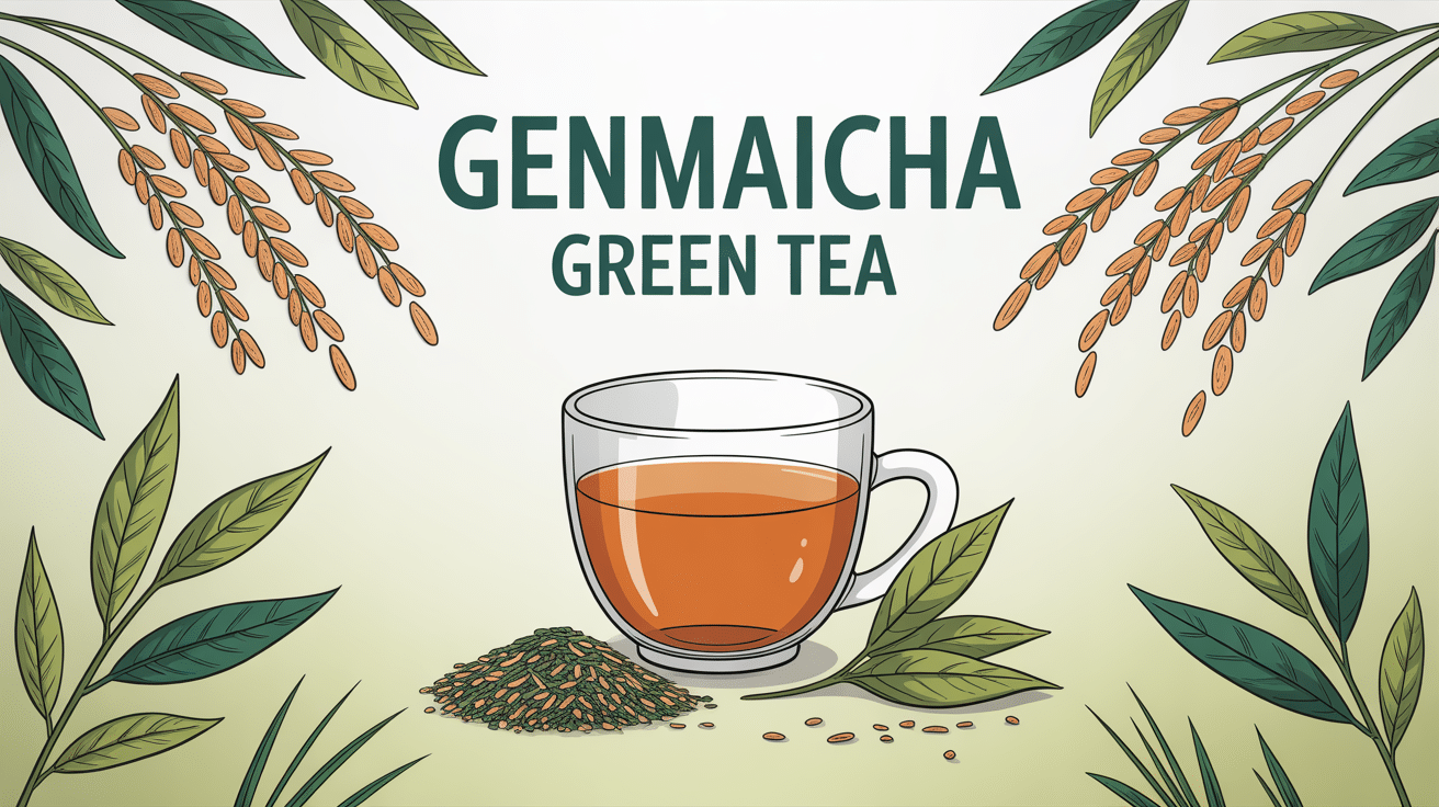 illustration tasse genmaicha green tea avec riz et feuilles ambiance japonaise
