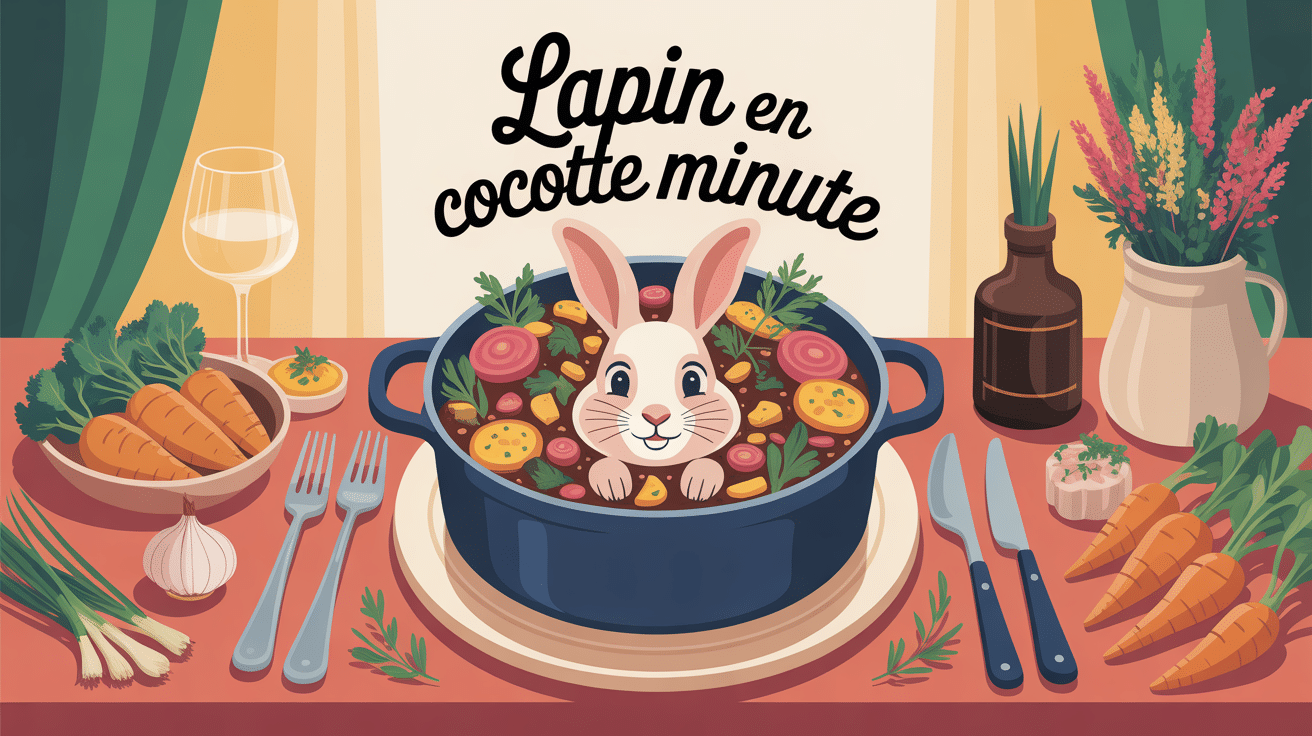 Lapin cocotte minute avec légumes et aromates sur table