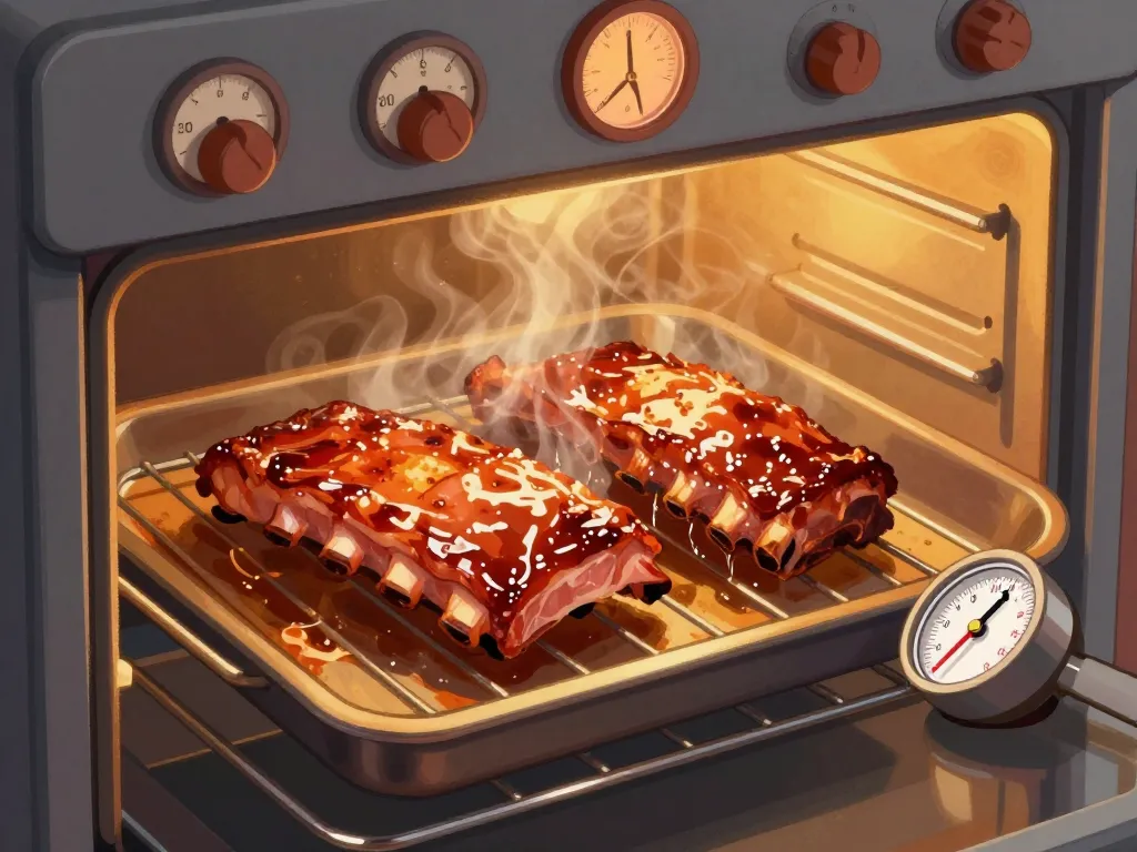 travers de porc dorés dans le four avec thermomètre