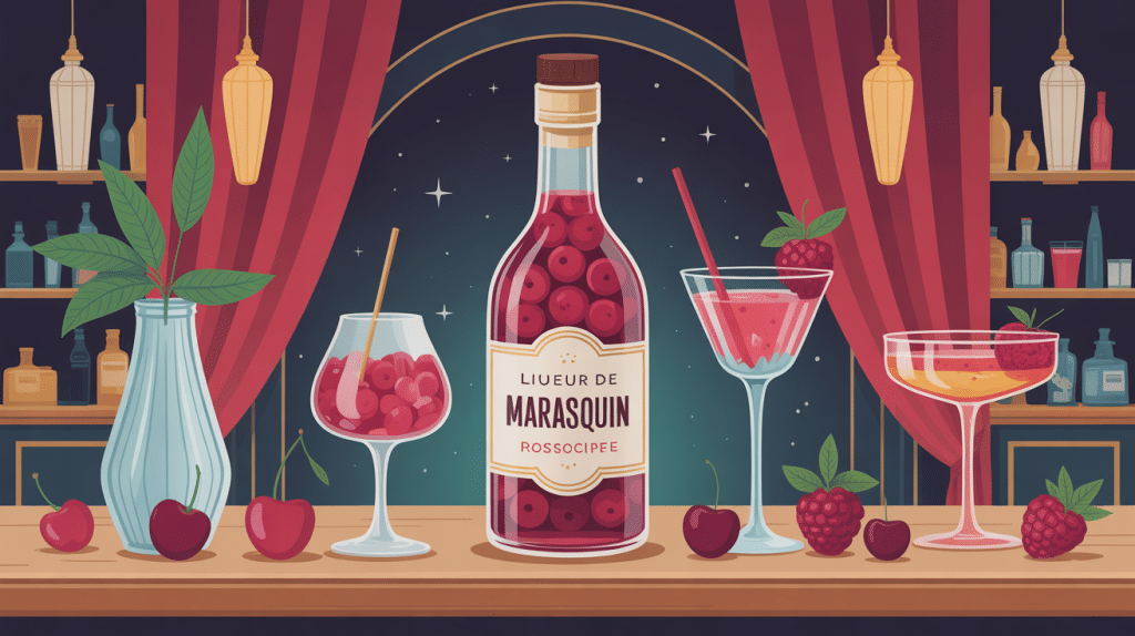 illustration marasquin bouteille cerises bar