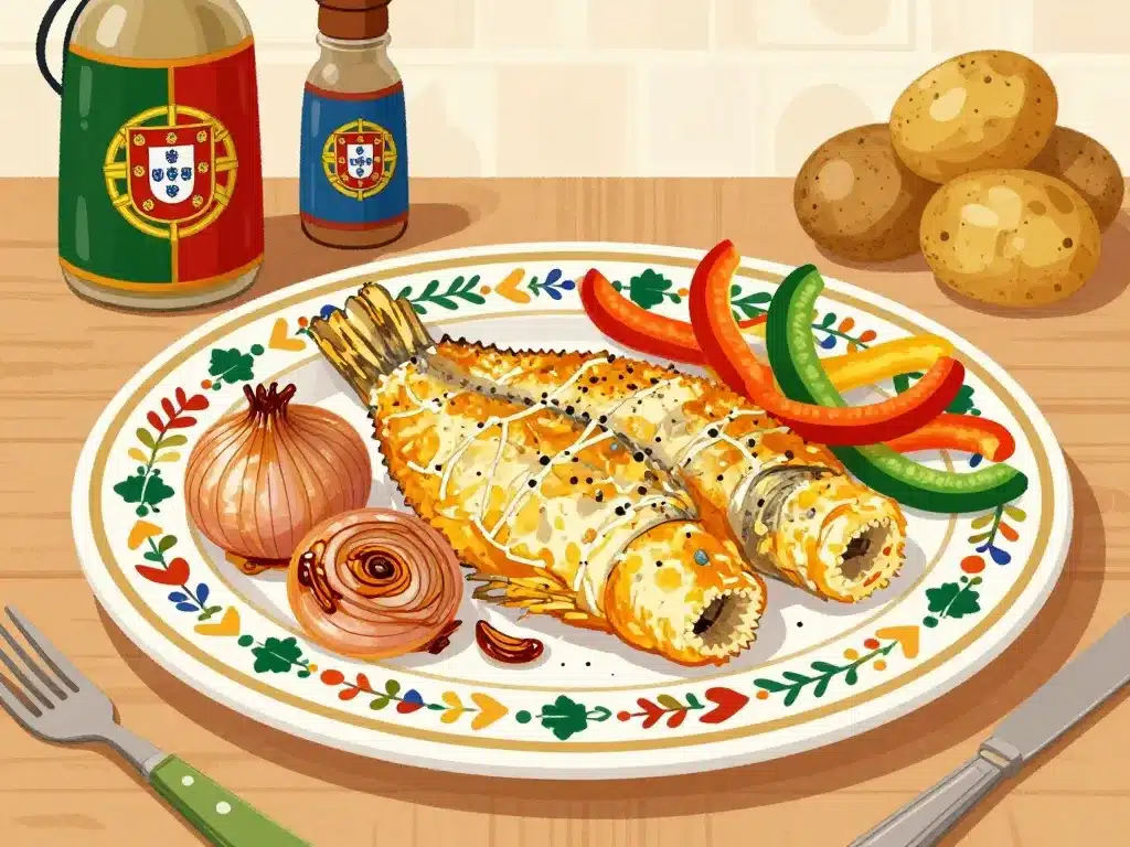 morue a braga plat traditionnel portugais stylisé