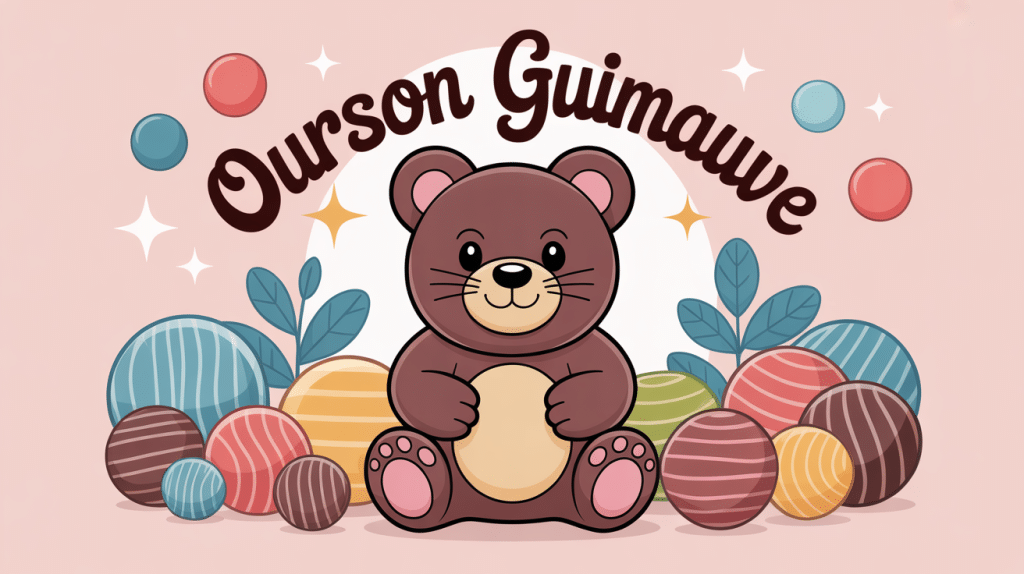 ourson guimauve en chocolat sur fond de bonbons colorés ambiance d'enfance
