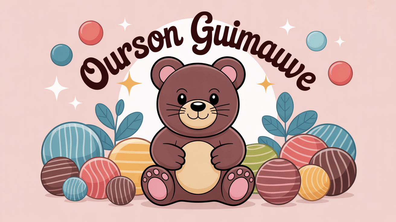 ourson guimauve en chocolat sur fond de bonbons colorés ambiance d'enfance