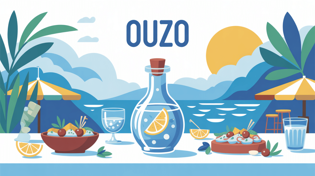illustration ouzo carafe verres mezze anis mer mediterranee