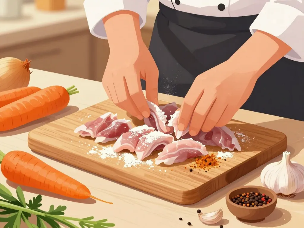 Préparation morceaux lapin cocotte minute avec légumes