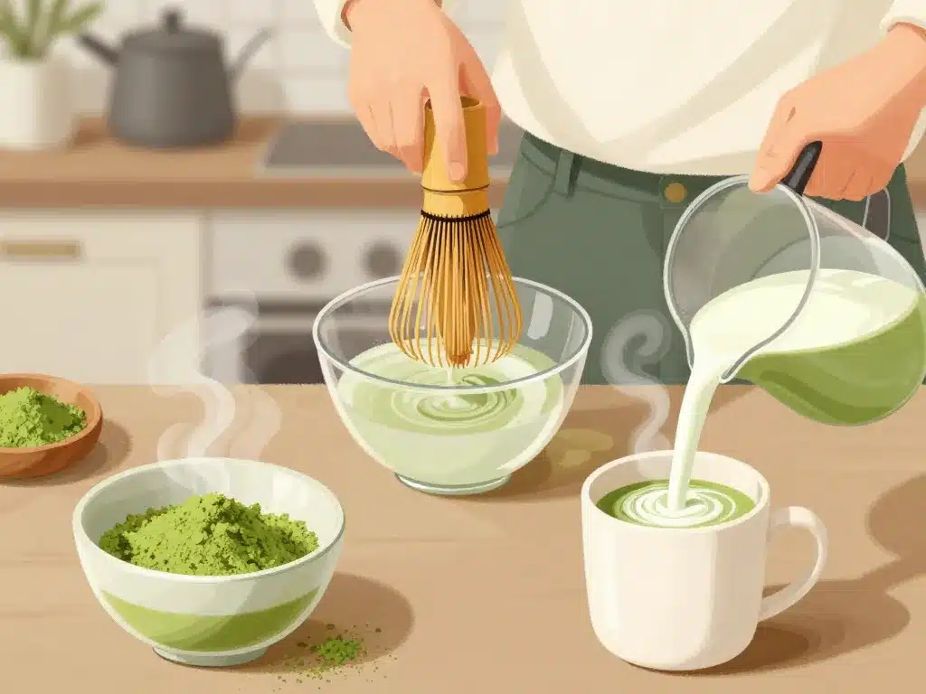 étapes recette matcha latte fouet chasen mousse lait bol vert