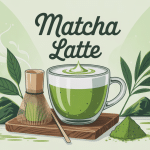 illustration recette matcha latte grande tasse crémeuse avec fouet et poudre verte