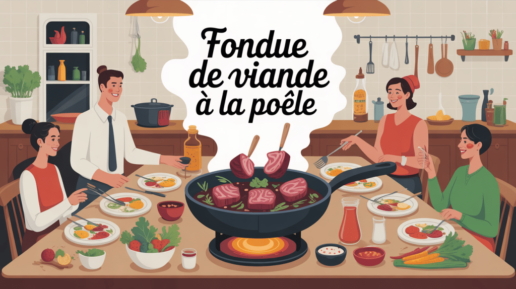 fondue de viande à la poêle sur table conviviale