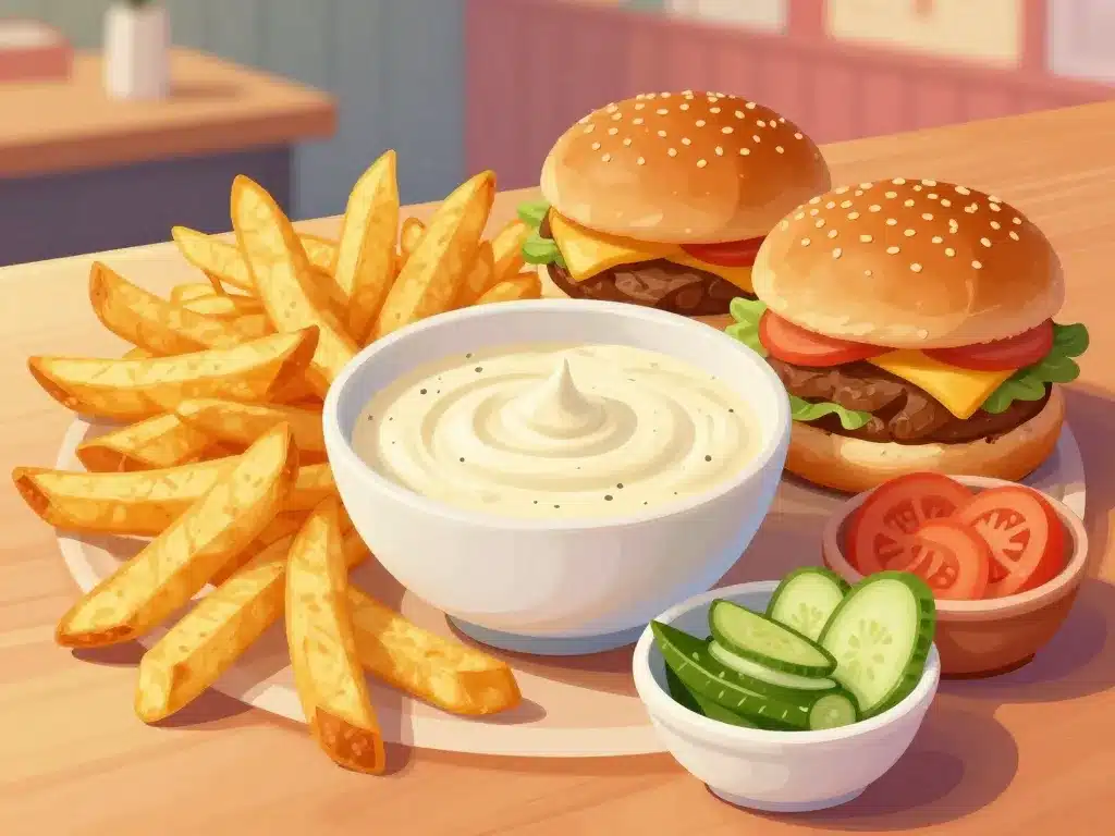 sauce brazil au centre accompagnée de frites et burgers