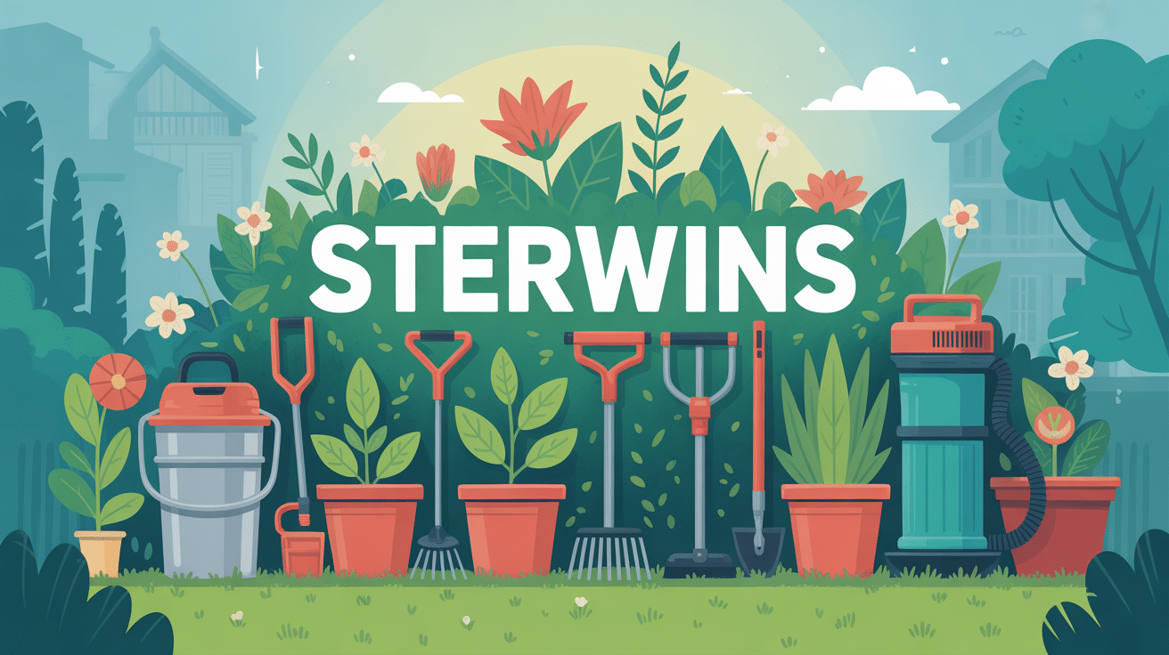 Sterwins outils jardinage dans un jardin verdoyant