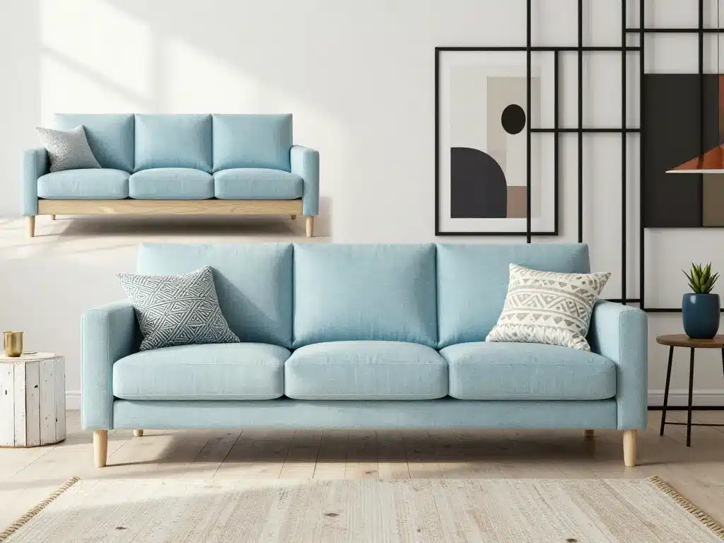 canapé bleu ciel décliné en différents styles déco tendance