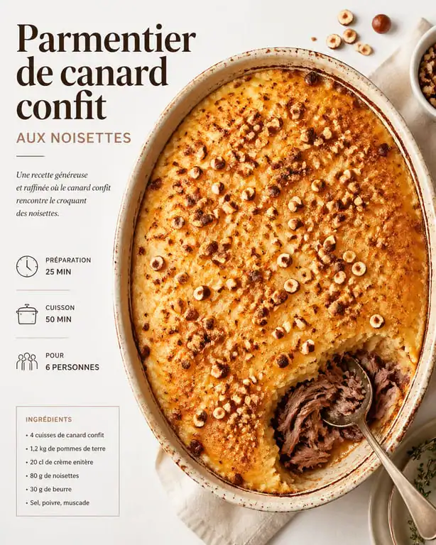 Parmentier de canard confit pour 10 personnes, plat convivial et généreux