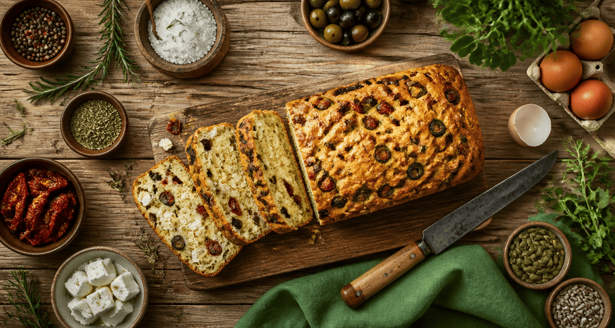 Cake recette salé découpé, olives feta tomates séchées sur table rustique