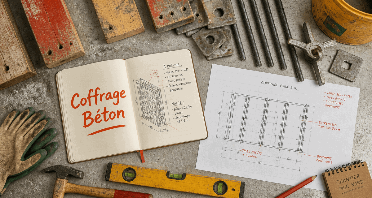 Coffrage mur outils matériaux plan chantier
