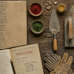 outils enduit sur brique mur et carnet