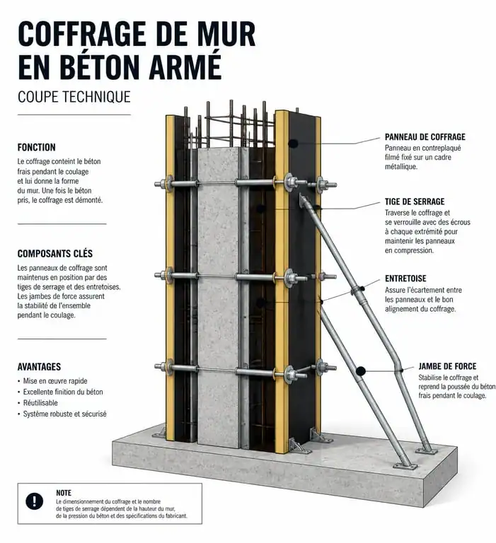Schéma technique des composants d'un coffrage de mur en béton armé