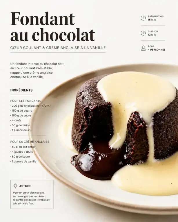 Fondant au chocolat noir accompagné d'une crème anglaise pour un dessert gourmand