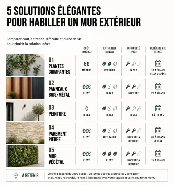 Infographie comparative des solutions pour cacher un mur extérieur : plantes, panneaux, peinture, pierre et murs végétaux.
