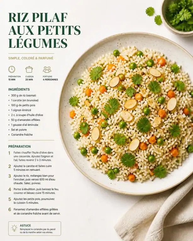 Riz pilaf aux petits légumes et amandes grillées en accompagnement