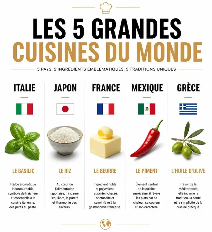 Infographie comparative des 5 grandes cuisines du monde : Italie, Japon, France, Mexique et Grèce