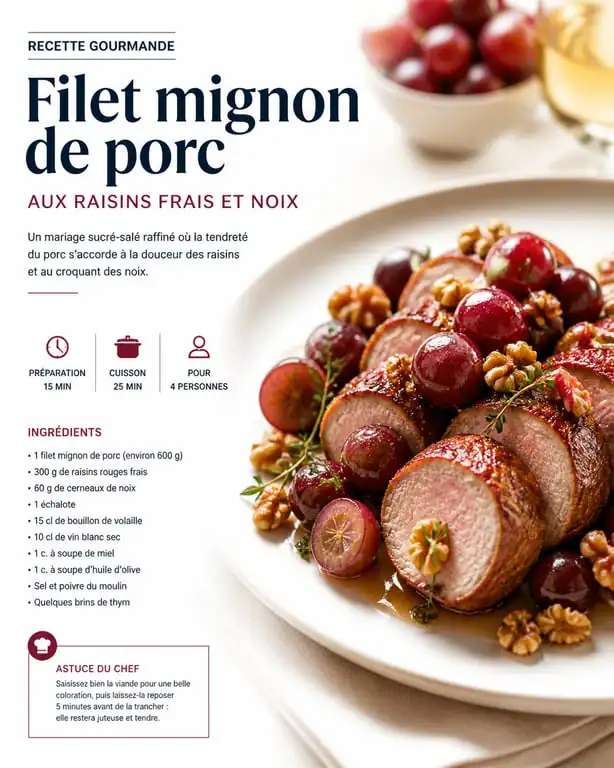 Recette de filet mignon de porc aux raisins frais et noix du Périgord