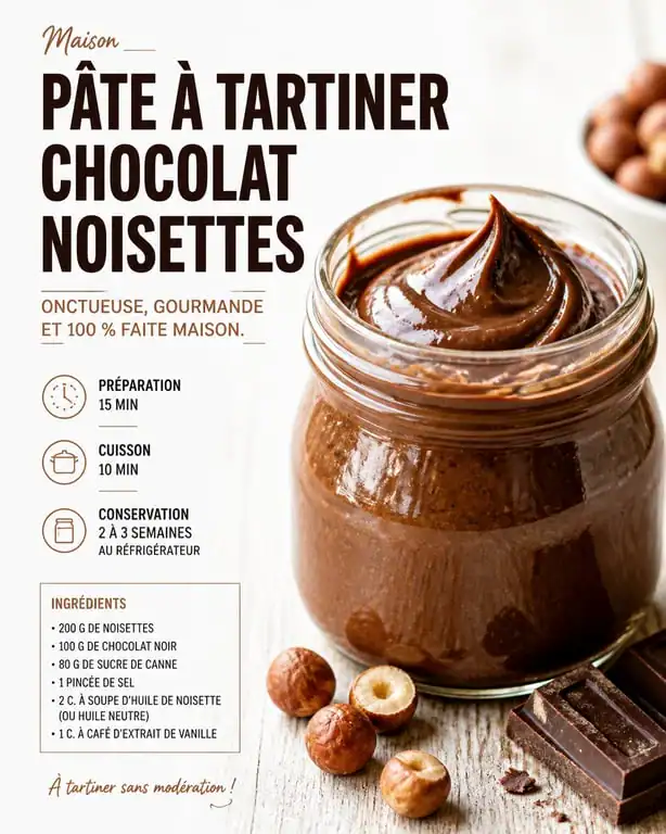 Pâte à tartiner healthy maison au chocolat et noisettes dans un bocal en verre