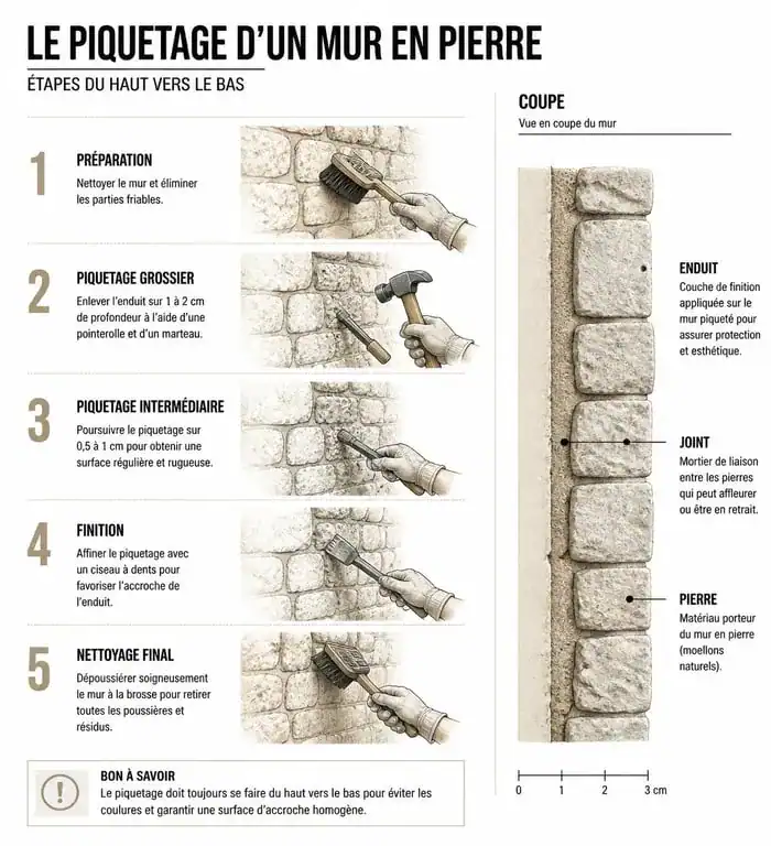Schéma explicatif des étapes de piquetage d'un mur en pierre pour une rénovation réussie