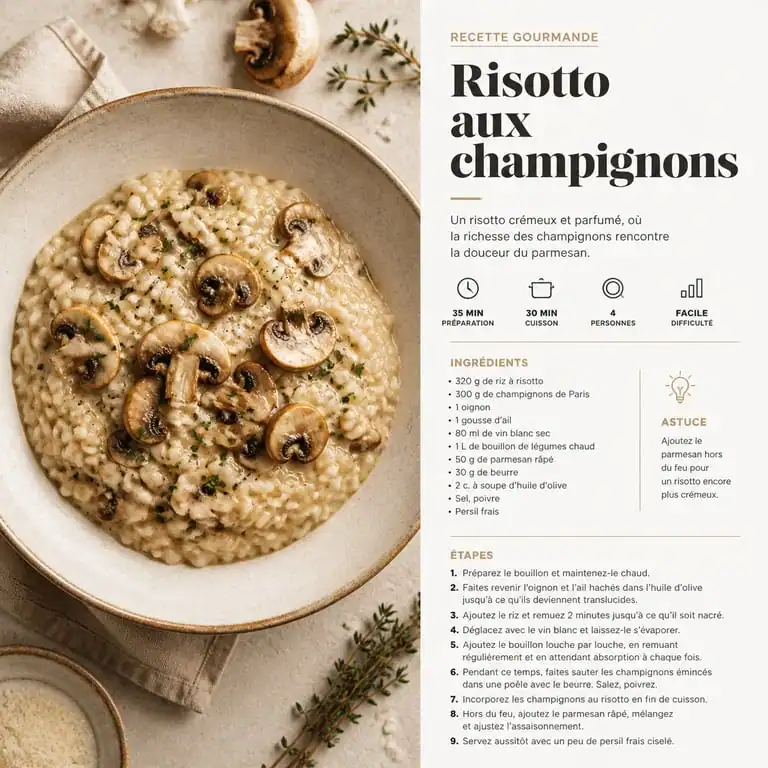 Risotto aux champignons crémeux, plat idéal réalisé avec le meilleur robot cuisine