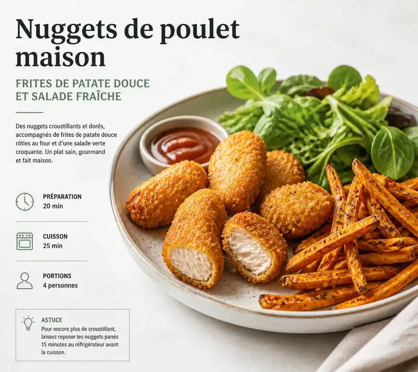 Assiette de nuggets de poulet maison et frites de patate douce en accompagnement