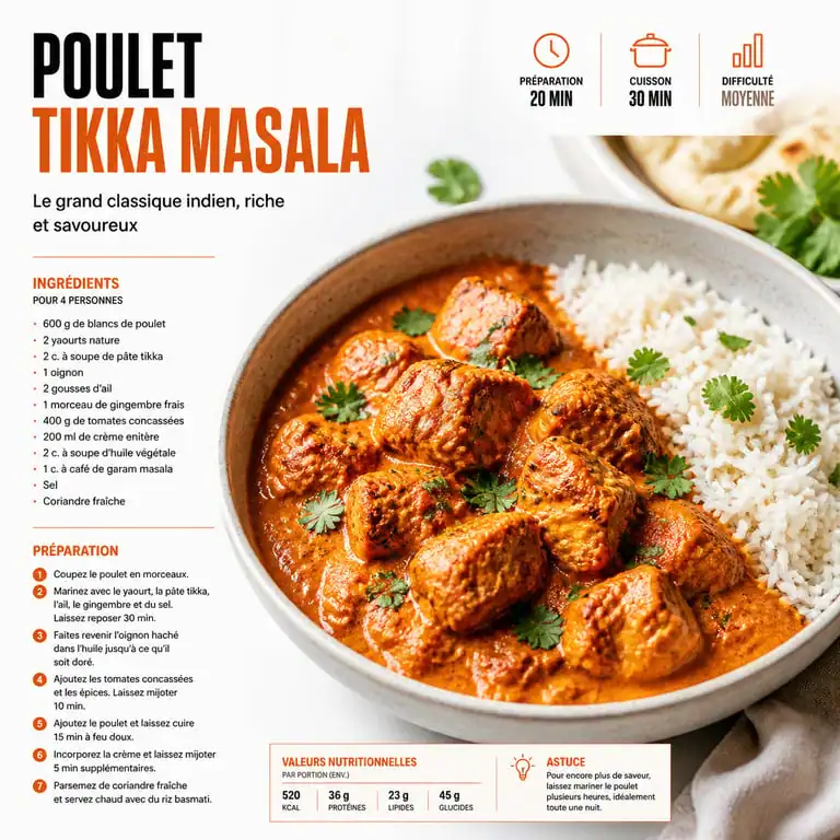 Recette de poulet Tikka Masala maison avec sauce onctueuse et coriandre fraîche