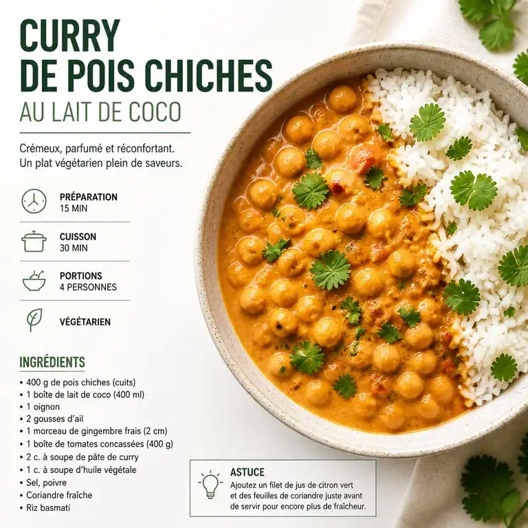 Curry de pois chiches au lait de coco, recette facile et pas cher