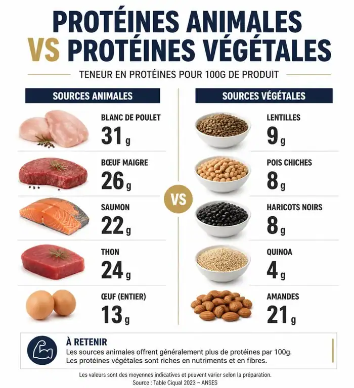 Comparatif visuel des sources de protéines animales et végétales pour un repas riche en proteine