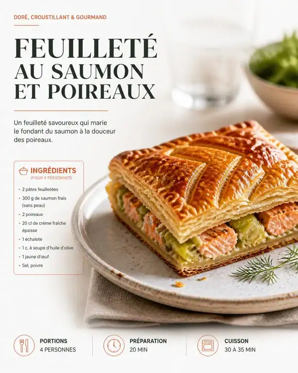 Recette feuilleté salé au saumon et poireaux doré et croustillant sur une assiette