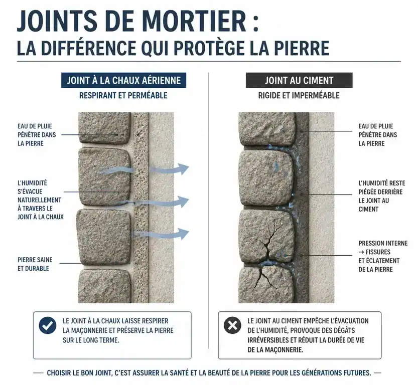 Schéma technique comparatif entre rejointoiement à la chaux et au ciment pour façade en pierre apparente