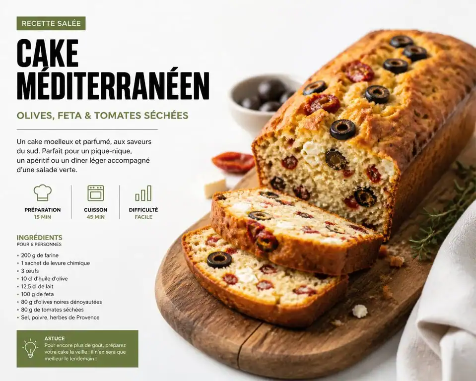 Cake salé aux olives, feta et tomates séchées, recette salée facile